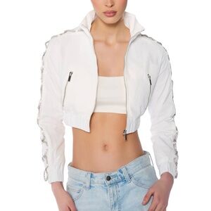 AKIRA White Cropped Bomber Jacket with Embellished Sleeve Trim NWT
